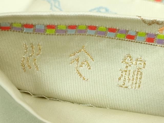 平和屋着物●極上　龍村晋謹製　太鼓柄袋帯　水衣錦　金糸　薄い柳鼠色地　上代50万　紙タグ付き　逸品　DZAB4776kh6