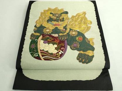 平和屋着物●極上　西陣　鷹匠謹製　太鼓柄袋帯　唐獅子　黒地　金糸　逸品　DZAB4778kh6