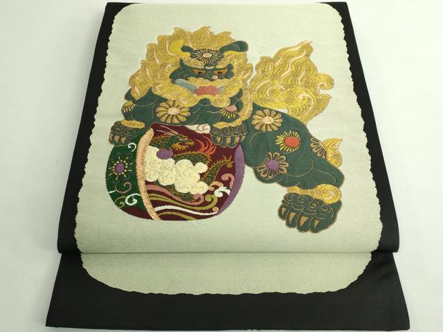 平和屋着物●極上　西陣　鷹匠謹製　太鼓柄袋帯　唐獅子　黒地　金糸　逸品　DZAB4778kh6