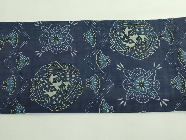 平和屋本店＊最高級　夏物　城間栄順　本場琉球紅型　九寸名古屋帯　花丸文　藍染　麻　逸品　DZAB4791kh6