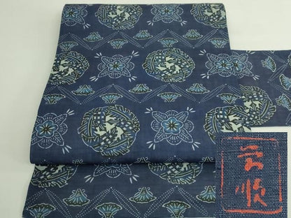 平和屋本店＊最高級　夏物　城間栄順　本場琉球紅型　九寸名古屋帯　花丸文　藍染　麻　逸品　DZAB4791kh6