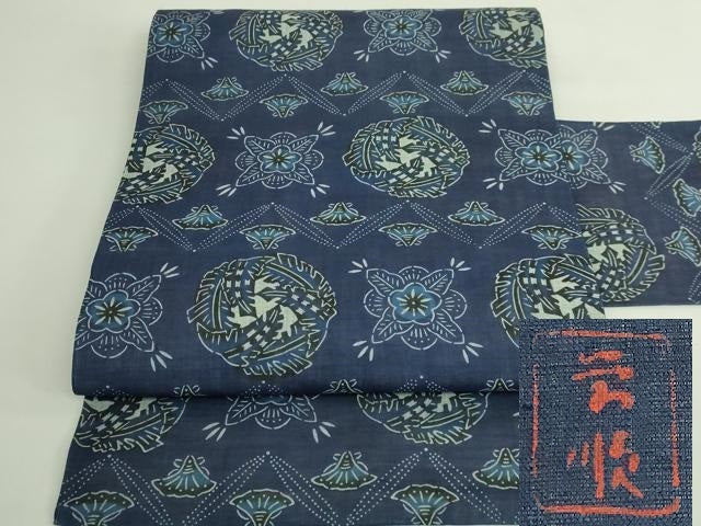 平和屋本店＊最高級　夏物　城間栄順　本場琉球紅型　九寸名古屋帯　花丸文　藍染　麻　逸品　DZAB4791kh6