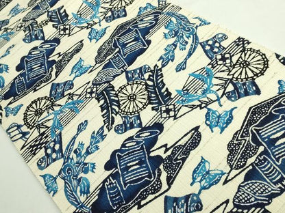 平和屋本店＊最高級　夏物　城間栄順　本場琉球紅型　八寸名古屋帯　藍型　ぜんまい紬　糸車　トンボ　蝶　逸品　DZAB4792kh6