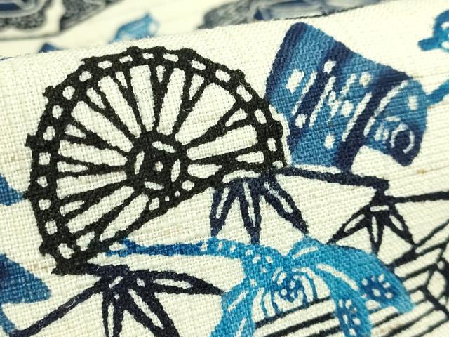 平和屋本店＊最高級　夏物　城間栄順　本場琉球紅型　八寸名古屋帯　藍型　ぜんまい紬　糸車　トンボ　蝶　逸品　DZAB4792kh6 平和屋本店＊最高級 夏物 城間栄順 本場琉球紅型 八寸名古屋
