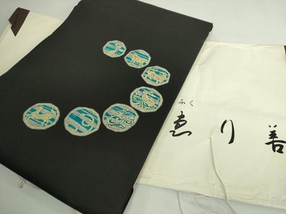 平和屋着物●極上　塩瀬　九寸名古屋帯　十二支　干支　黒地　纐染　ゑり善扱い　たとう紙付き　逸品　DZAB4793kh6