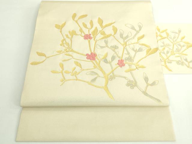 平和屋着物●極上　塩瀬　九寸名古屋帯　刺繍　南天枝葉文　金彩　逸品　DZAB4795kh6