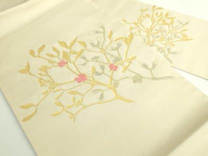 平和屋着物●極上　塩瀬　九寸名古屋帯　刺繍　南天枝葉文　金彩　逸品　DZAB4795kh6