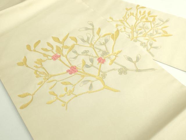 平和屋着物●極上　塩瀬　九寸名古屋帯　刺繍　南天枝葉文　金彩　逸品　DZAB4795kh6