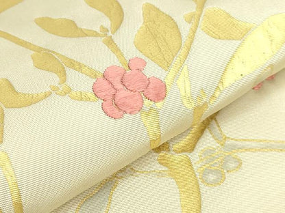 平和屋着物●極上　塩瀬　九寸名古屋帯　刺繍　南天枝葉文　金彩　逸品　DZAB4795kh6