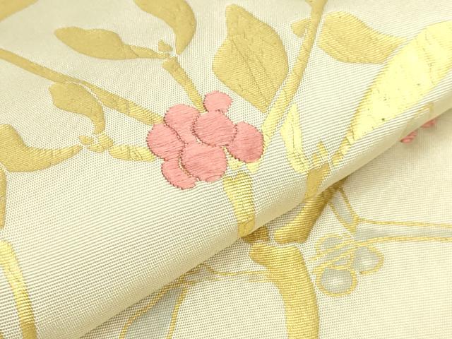 平和屋着物●極上　塩瀬　九寸名古屋帯　刺繍　南天枝葉文　金彩　逸品　DZAB4795kh6