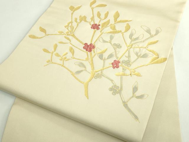 平和屋着物●極上　塩瀬　九寸名古屋帯　刺繍　南天枝葉文　金彩　逸品　DZAB4795kh6