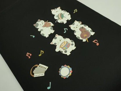 平和屋着物●極上　塩瀬　つけ帯　猫　ネコ　楽器　黒地　金彩　逸品　未使用　DZAB4799kh6