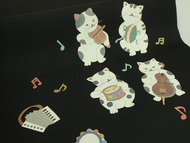 平和屋着物●極上　塩瀬　つけ帯　猫　ネコ　楽器　黒地　金彩　逸品　未使用　DZAB4799kh6