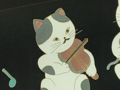 平和屋着物●極上　塩瀬　つけ帯　猫　ネコ　楽器　黒地　金彩　逸品　未使用　DZAB4799kh6