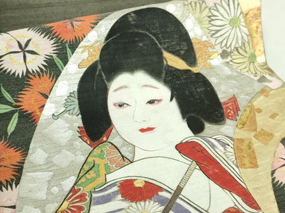 平和屋本店●極上　アンティーク　大正ロマン　九寸開き名古屋帯　手描き　着物美人　金銀彩　逸品　DZAB4805kh6