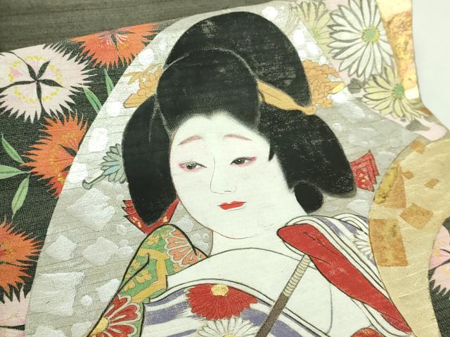 平和屋本店●極上　アンティーク　大正ロマン　九寸開き名古屋帯　手描き　着物美人　金銀彩　逸品　DZAB4805kh6
