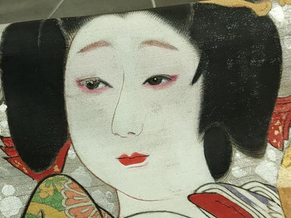 平和屋本店●極上　アンティーク　大正ロマン　九寸開き名古屋帯　手描き　着物美人　金銀彩　逸品　DZAB4805kh6