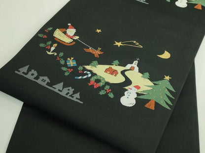 平和屋着物●極上　九寸名古屋帯　クリスマス　サンタクロース　黒地　逸品　DZAB4806kh6