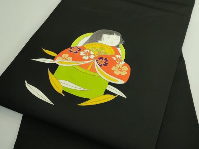 平和屋本店●極上　銀座　志ま亀　塩瀬　九寸名古屋帯　かぐや姫　黒地　金彩　たとう紙付き　逸品　DZAB4809kh6