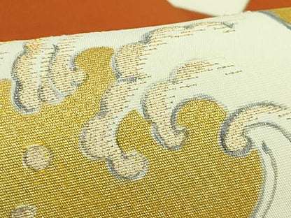 平和屋本店●極上　銀座　志ま亀　塩瀬　九寸名古屋帯　手描き　刺繍　扇子　白兎　朱色地　金糸　たとう紙付き　逸品　DZAB4810kh6