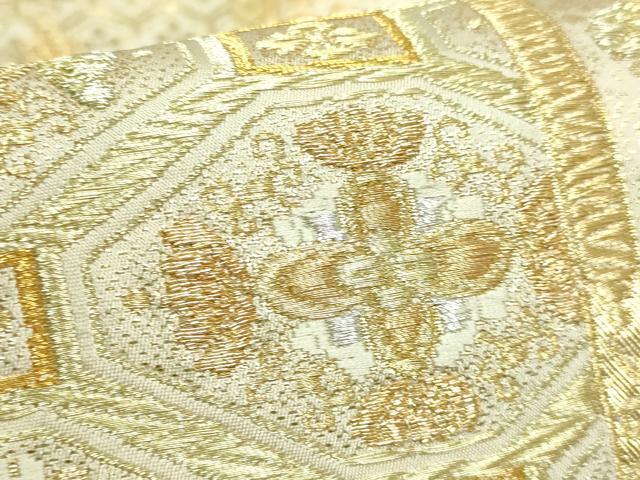平和屋本店●極上　銀座きしや　全通柄袋帯　金地に百花入扇詰　金銀糸　たとう紙・共箱付き　逸品　DZAB4842kh6