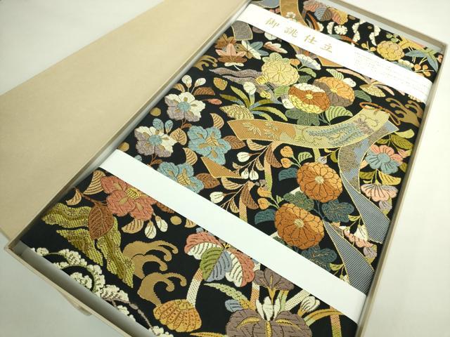 平和屋本店●極上　織文意匠鈴木　六通柄袋帯　唐織　短冊草花文　黒地　金糸　証紙・反端・共箱付き　逸品　未使用　DZAB4849kh6