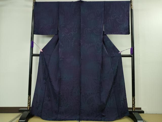 平和屋本店▽極上 小紋 単衣 更紗唐草地紋 暈し染め 濃紺地 逸品 未使用 DZAB4854kh6