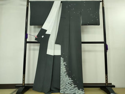平和屋着物●極上　本加賀友禅作家　石田己代治　州浜　青褐色地　京都きもの　証紙付き　逸品　DZAB4862kh6
