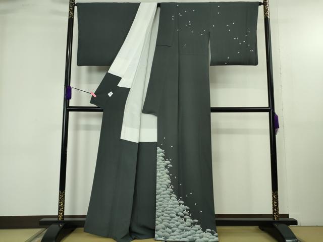 平和屋着物●極上　本加賀友禅作家　石田己代治　州浜　青褐色地　京都きもの　証紙付き　逸品　DZAB4862kh6