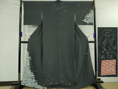 平和屋着物●極上　本加賀友禅作家　石田己代治　州浜　青褐色地　京都きもの　証紙付き　逸品　DZAB4862kh6
