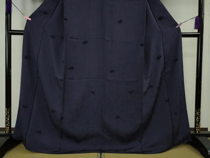 平和屋着物●極上　お召　天鵞絨　ビロード　鳳凰桐唐草　色無地　鉄紺色　京都きもの友禅扱い　逸品　DZAB4863kh6