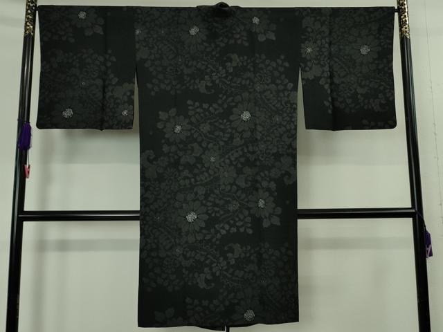平和屋着物∞極上　道中着　スリーシーズン　春夏秋　塵除け　ロング丈　紗　草花文　黒地　銀彩　逸品　DZAB4867kh6