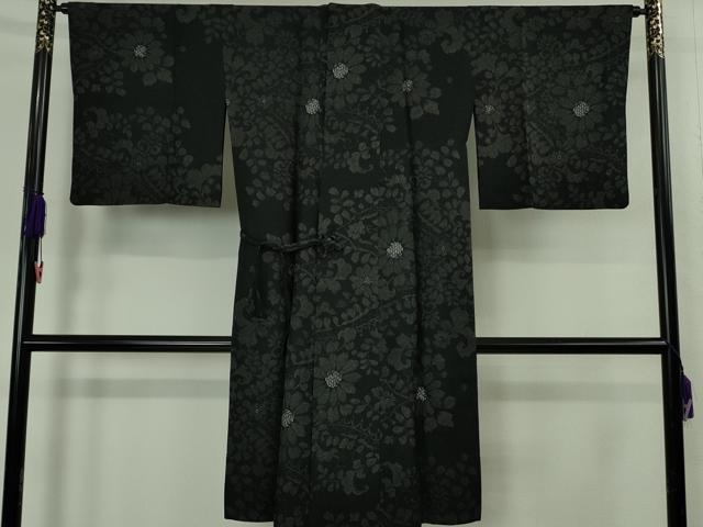 平和屋着物∞極上　道中着　スリーシーズン　春夏秋　塵除け　ロング丈　紗　草花文　黒地　銀彩　逸品　DZAB4867kh6