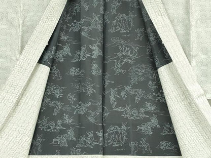 平和屋本店∞希少　男性　本場大島紬　白大島　龍郷絣　秋名バラ　長羽織　羽裏・鳥獣戯画　逸品　DZAB4869kh6