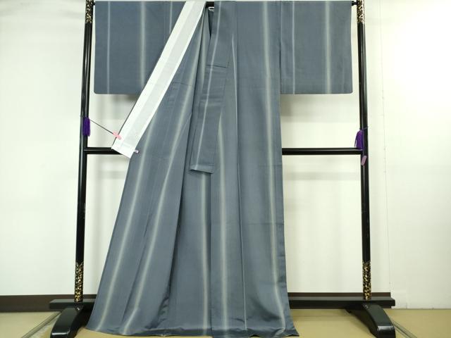 平和屋着物▽極上　本塩沢　やまだ織　単衣　桑原タツノ作　間道　青褐色地　さが美扱い　証紙付き　逸品　DZAB4871kh6