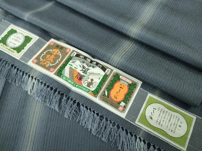 平和屋着物▽極上　本塩沢　やまだ織　単衣　桑原タツノ作　間道　青褐色地　さが美扱い　証紙付き　逸品　DZAB4871kh6