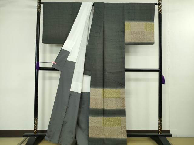 平和屋着物●極上　染織の名門　しょうざん  生紬　訪問着　鹿の子市松花横段文　藍鉄色地　逸品　DZAB4872kh6