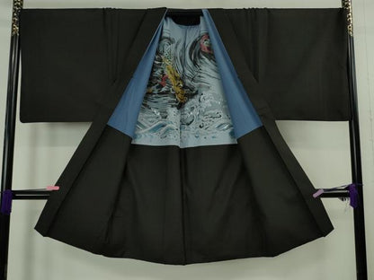 平和屋着物∞極上　男性　本場縞大島紬　長羽織　キングサイズ　丸恵謹製　羽裏・龍　暗黒色地　証紙付き　逸品　DZAB4877kh6