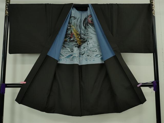 平和屋着物∞極上　男性　本場縞大島紬　長羽織　キングサイズ　丸恵謹製　羽裏・龍　暗黒色地　証紙付き　逸品　DZAB4877kh6