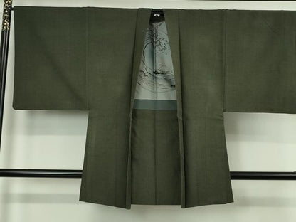 平和屋着物∞極上　男性　長羽織　紬地　黒緑色地　逸品　DZAB4878kh6