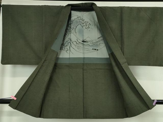 平和屋着物∞極上　男性　長羽織　紬地　黒緑色地　逸品　DZAB4878kh6