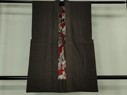 平和屋着物●極上　男性　陣羽織　袖なし羽織　お召地　吉野間道　似せ紫色地　羽裏・浮世絵　羽織紐付き　逸品　DZAB4879kh6