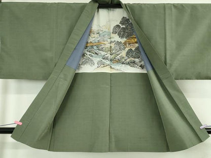 平和屋着物∞極上　男性　長羽織　紬地　深川鼠色地　逸品　DZAB4883kh6