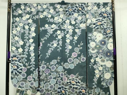 平和屋本店●極上　名門　藤娘きぬたや・総絞り　振袖　花車　枝垂れ花　藍鉄色地　落款有り　逸品　未使用　DZAB4889kh6