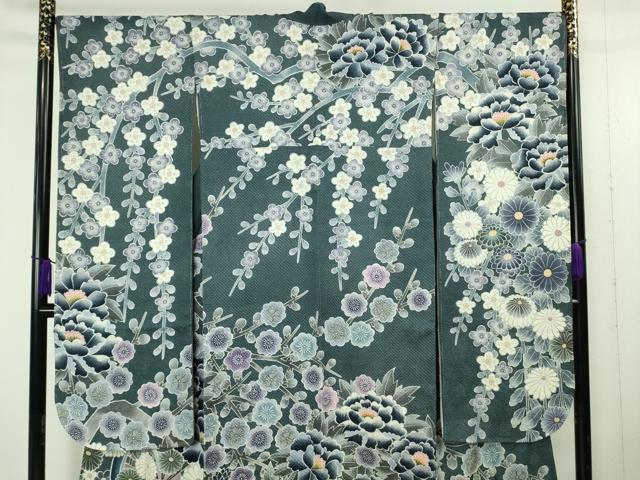 平和屋本店●極上　名門　藤娘きぬたや・総絞り　振袖　花車　枝垂れ花　藍鉄色地　落款有り　逸品　未使用　DZAB4889kh6