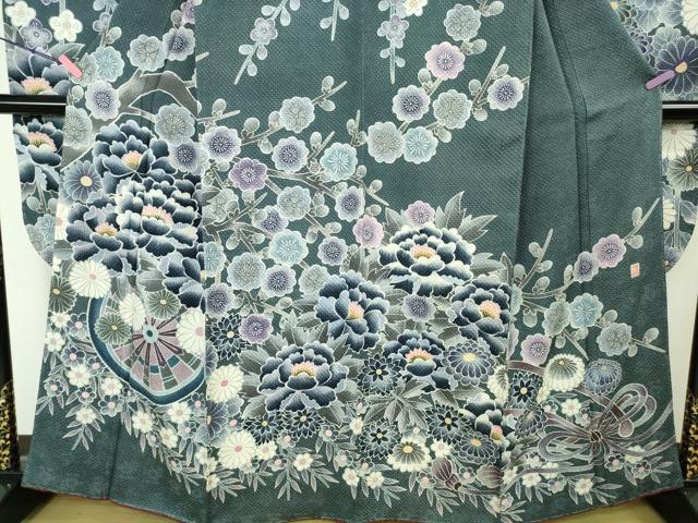 平和屋本店●極上　名門　藤娘きぬたや・総絞り　振袖　花車　枝垂れ花　藍鉄色地　落款有り　逸品　未使用　DZAB4889kh6