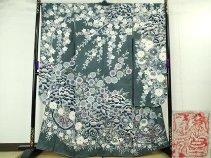 平和屋本店●極上　名門　藤娘きぬたや・総絞り　振袖　花車　枝垂れ花　藍鉄色地　落款有り　逸品　未使用　DZAB4889kh6