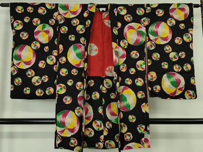平和屋本店∞極上　アンティーク　大正ロマン　長羽織　紙風船　黒地　逸品　DZAB4893kh6