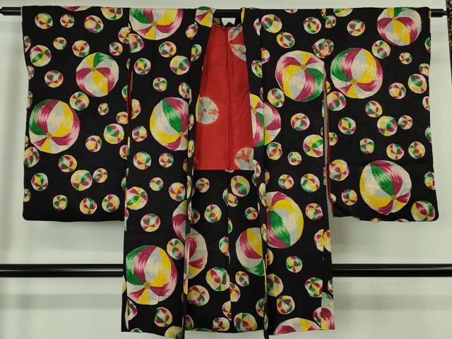 平和屋本店∞極上　アンティーク　大正ロマン　長羽織　紙風船　黒地　逸品　DZAB4893kh6