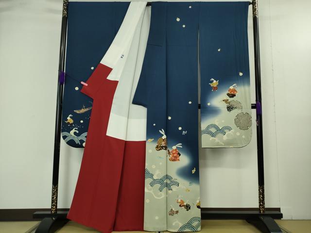 平和屋着物●極上　振袖　日本ものがたり　作家物　兎　うさぎ　浦島太郎　暈し染め　紺青色地　金彩　逸品　DZAB4911kh6